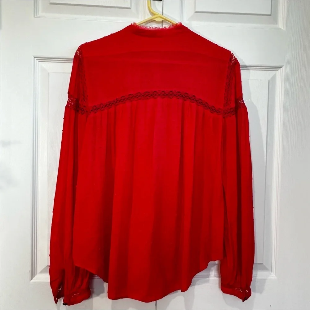 Free People Abigail Victorian Eyelet Lace Blouse Red Large EUC